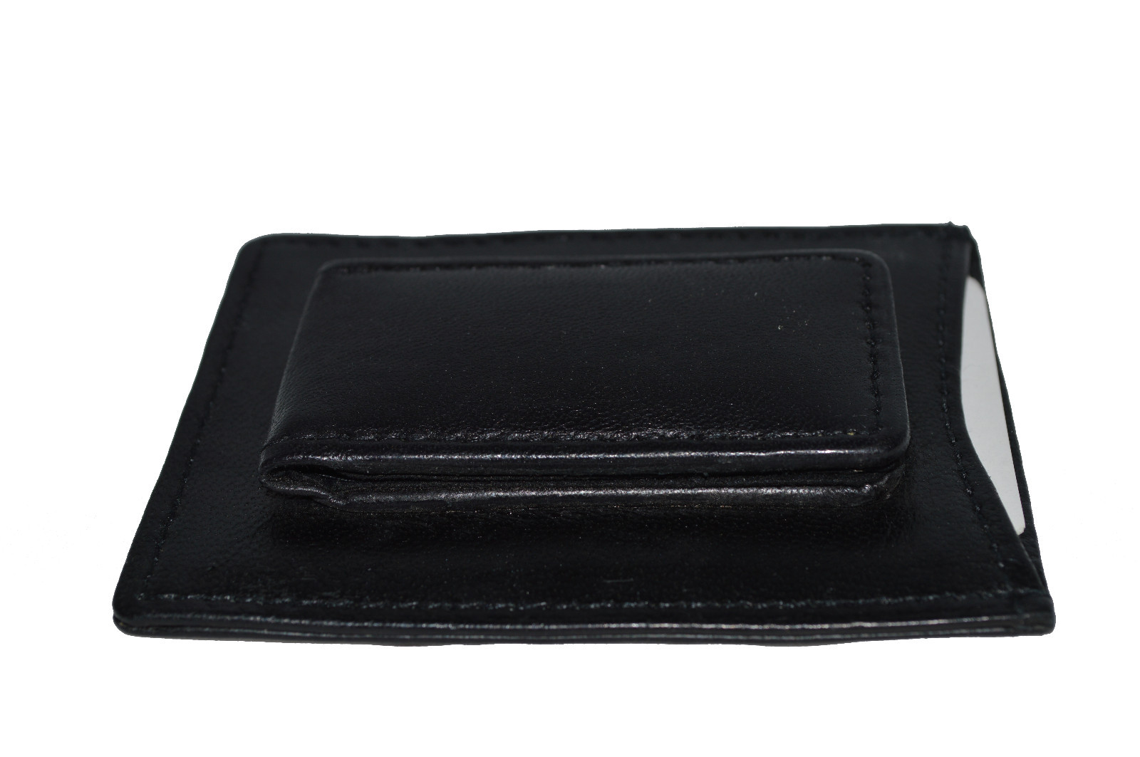 MAGNETIC MONEY CLIP WITH BACK ID AND TOP CARD POCKET BLACK GENUINE LEATHER