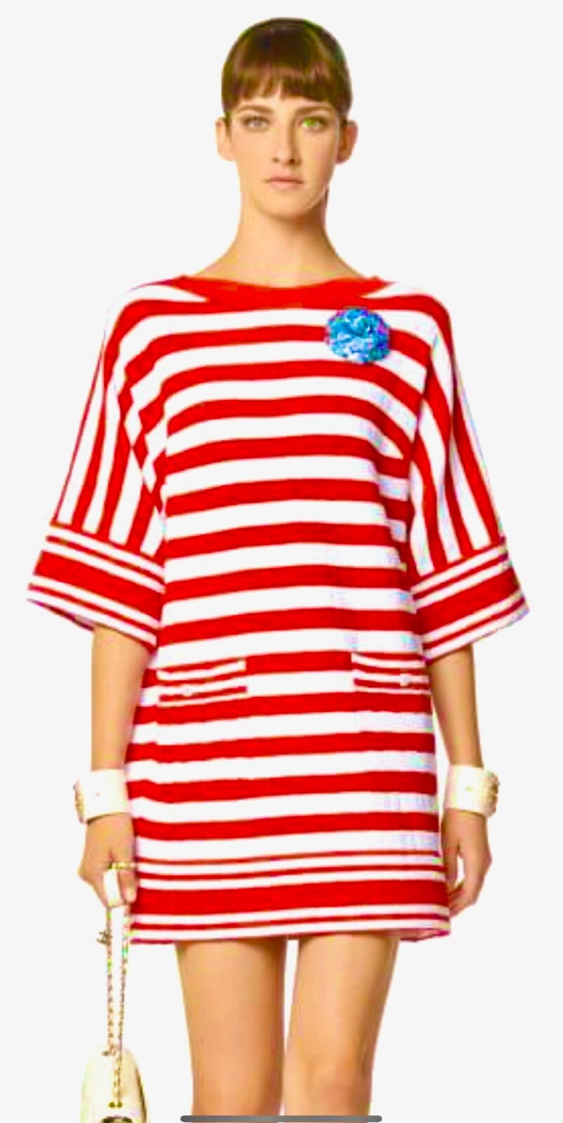 4.8K New Chanel 2019 White Red Stripe Dress 40 42 44 8 10 12 Logo Jacket S M L