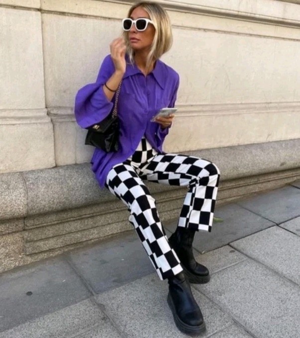 NEW Zara Checkered Pants Black White Large Block Ankle Cropped Straight Leg 5