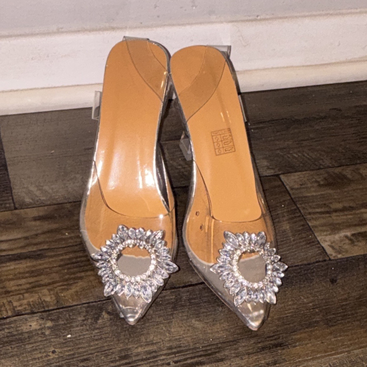 Women’s Clear Pointed Toe Pump Heels Rhinestone Buckle Block Slip On 8.5