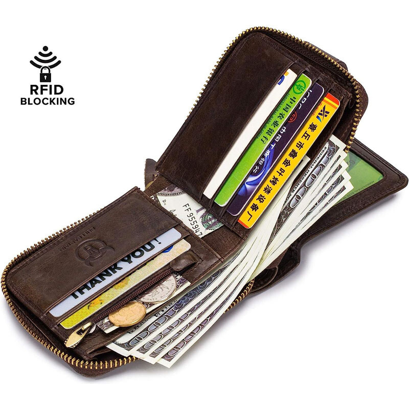 Mens Genuine Leather Zipper Wallet RFID Blocking Bifold Zip Around Card Holder