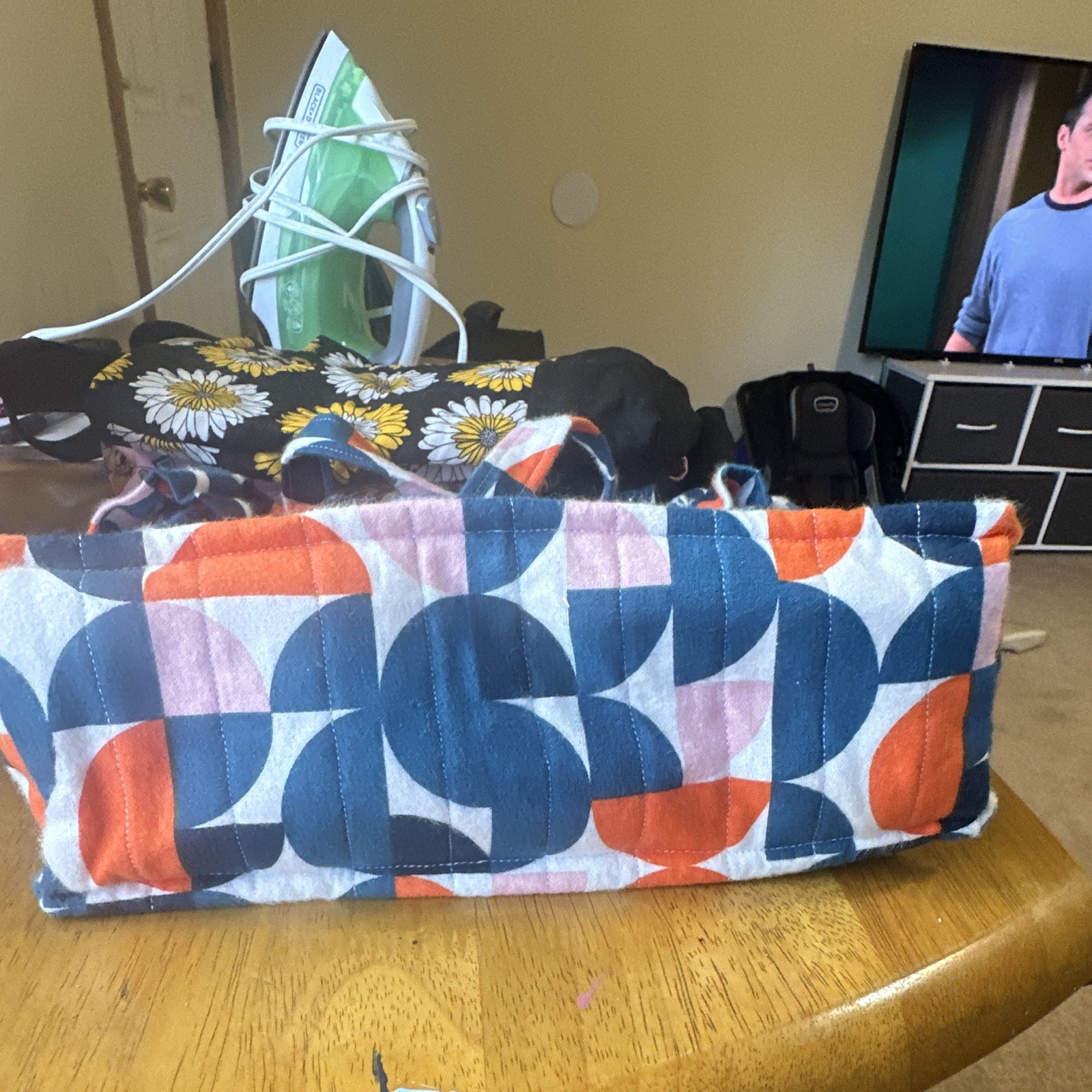 Quilted Blue Orange Pink Geometric Tote Bag, Double Handles handmade