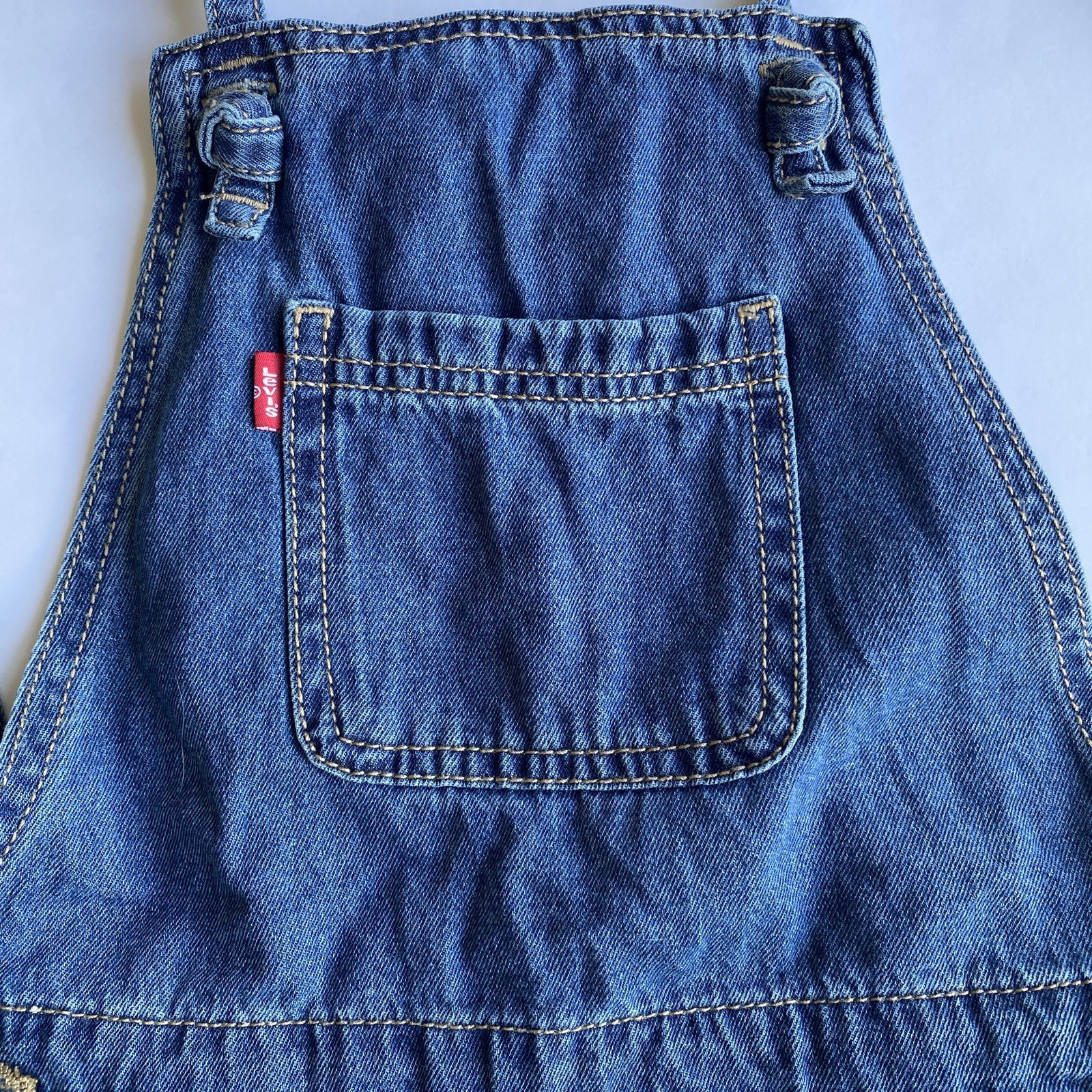 Girls Size 8 Levi’s Denim Shortalls Overall Shorts Knot Strap 100% Cotton
