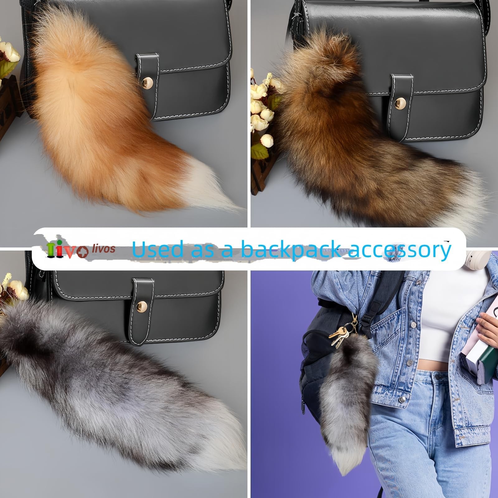 Fluffy Therian Fox Tail Keychain Soft Plush Accessory for Cosplay, Ren Faire…