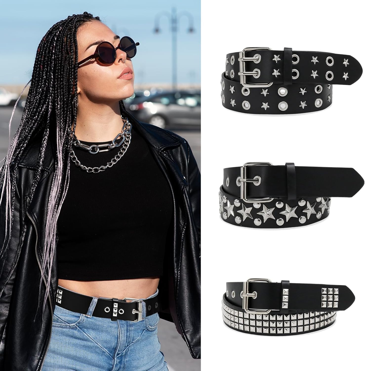 3 Pcs Black Studded Belt Y2K Belt Star Gothic Punk Rock Belts with Grommet Threa