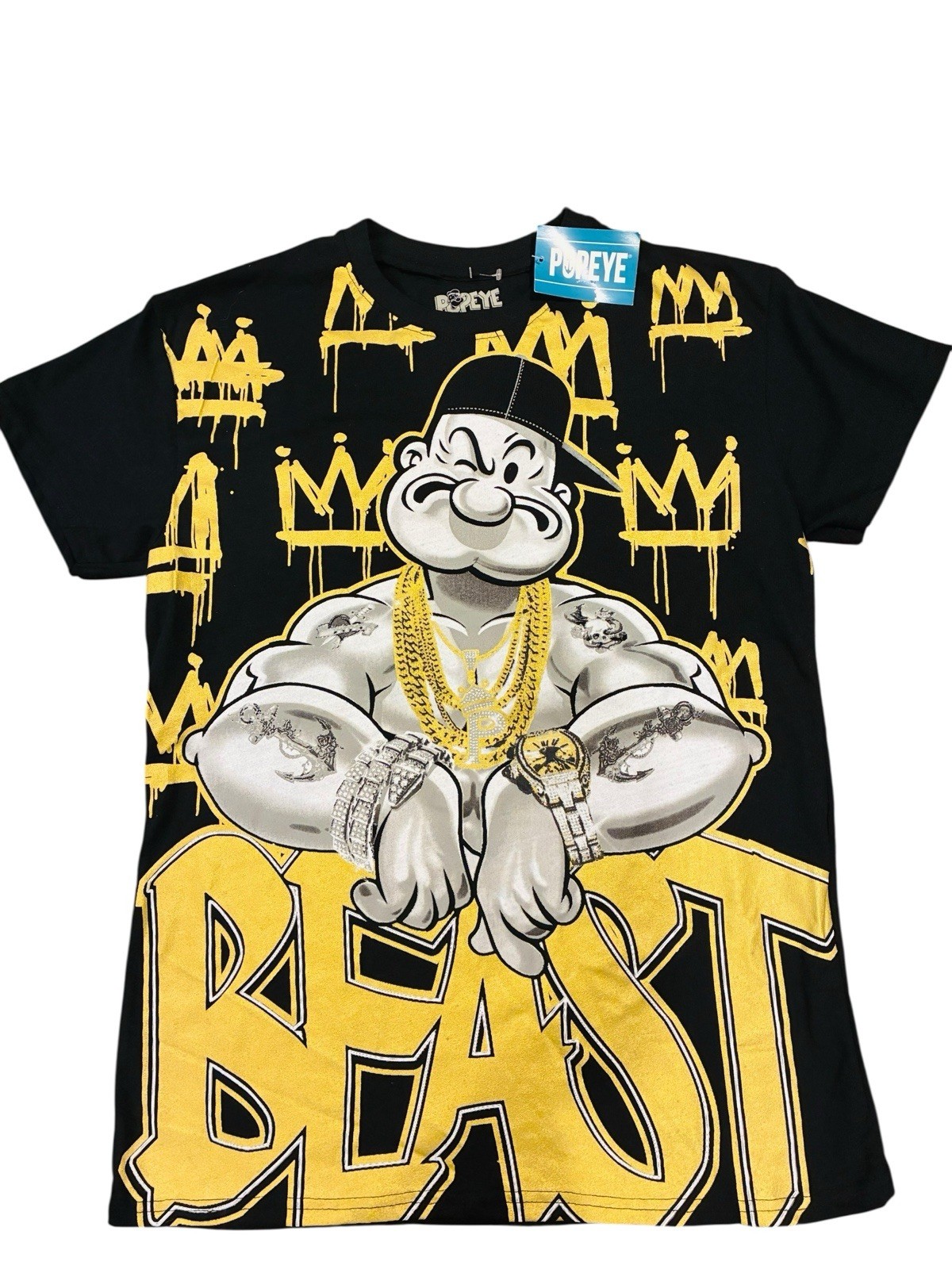 Popeye Beast Graphic T-Shirt Gold Chains Watch Brisco Brands Medium NWT Street