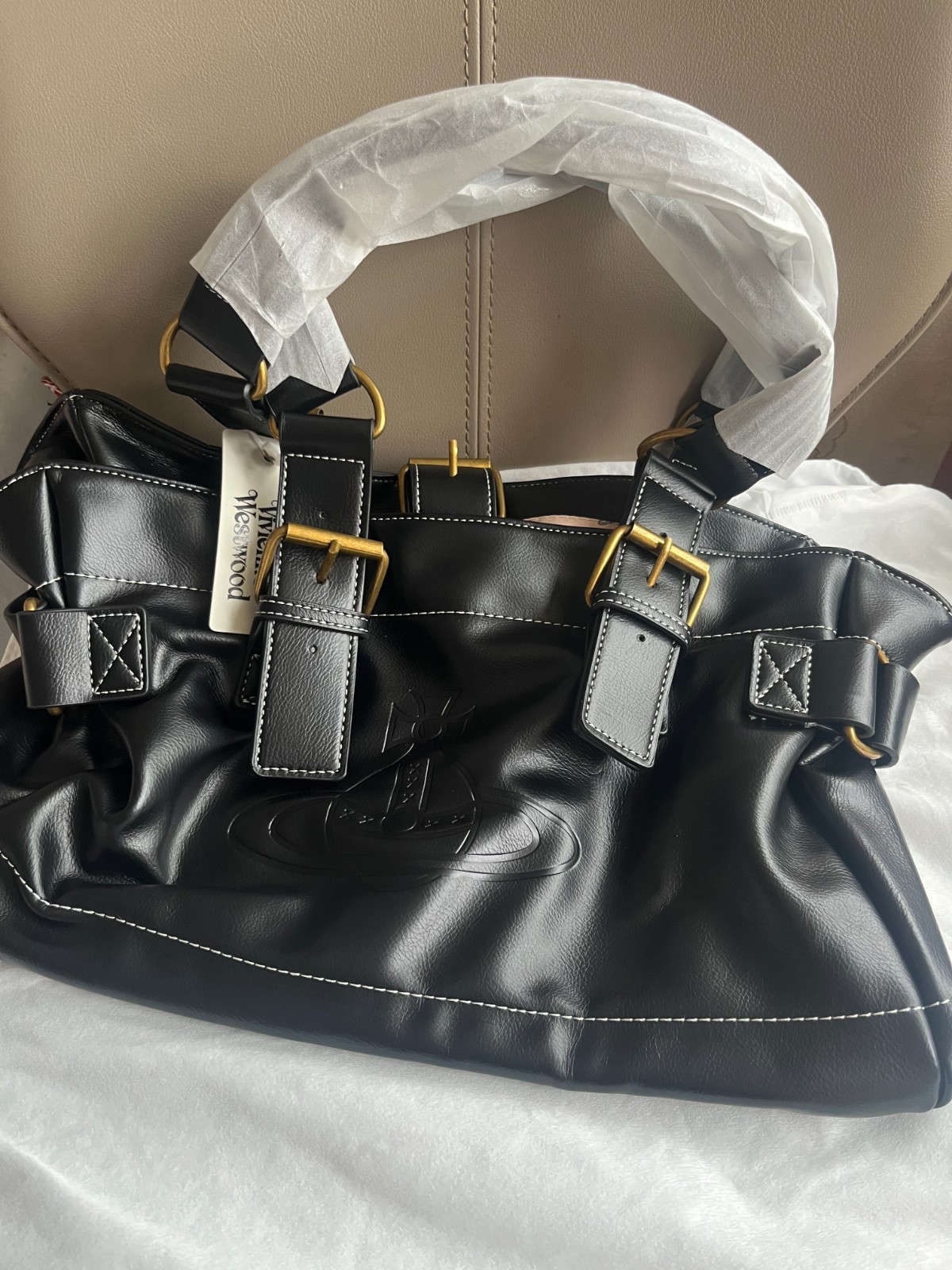 Vivienne Westwood Tote Bag Orb Embossed Black Shoulder Leather Handbag