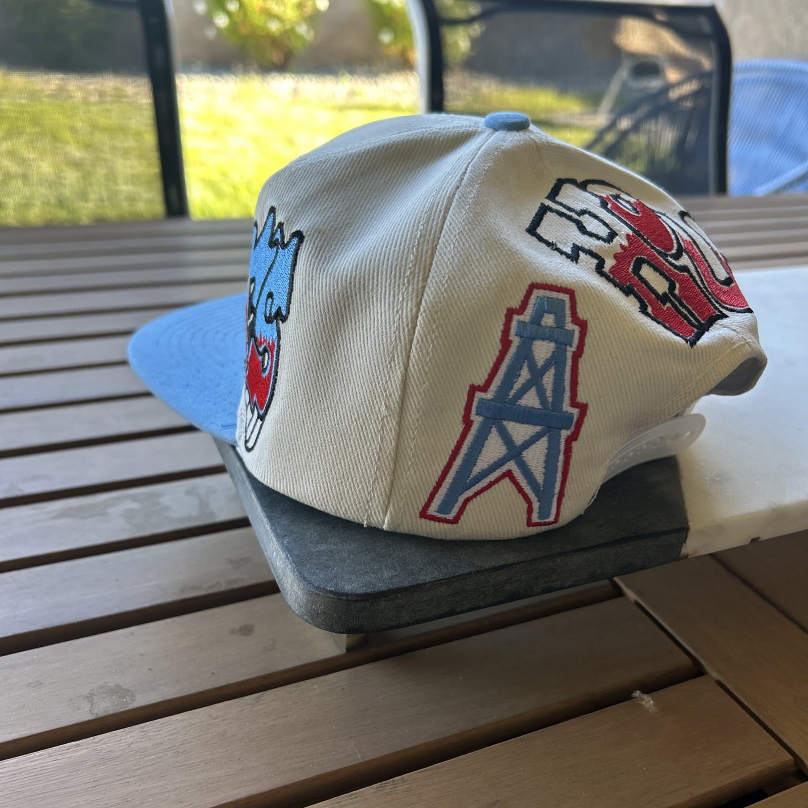 Houston Oilers Double Graffiti TOW Custom Snapback Hat Cap Cream Dome Two Tone