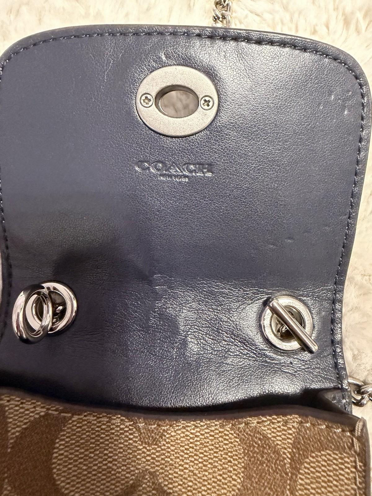 Coach Blue/Brown Signature Logo Crossbody Phone Wallet, Chain Strap, Magnetic