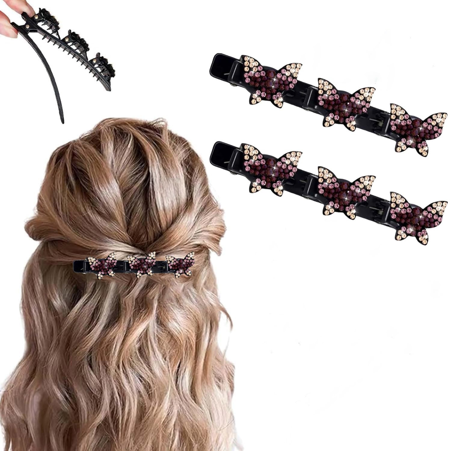 2 Pcs Sparkling Crystal Stone Braided Hair Clips, 2025 New Satin Fabric Hair Ban