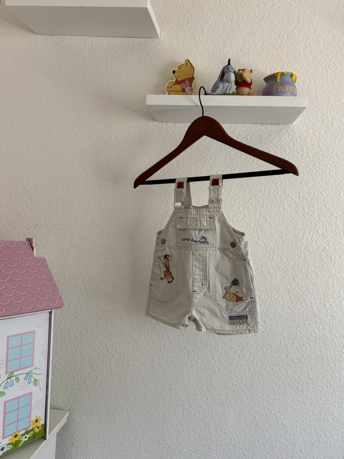 Vintage 1990s Disney “Bother-free Fishing” Winnie the Pooh shortall overalls