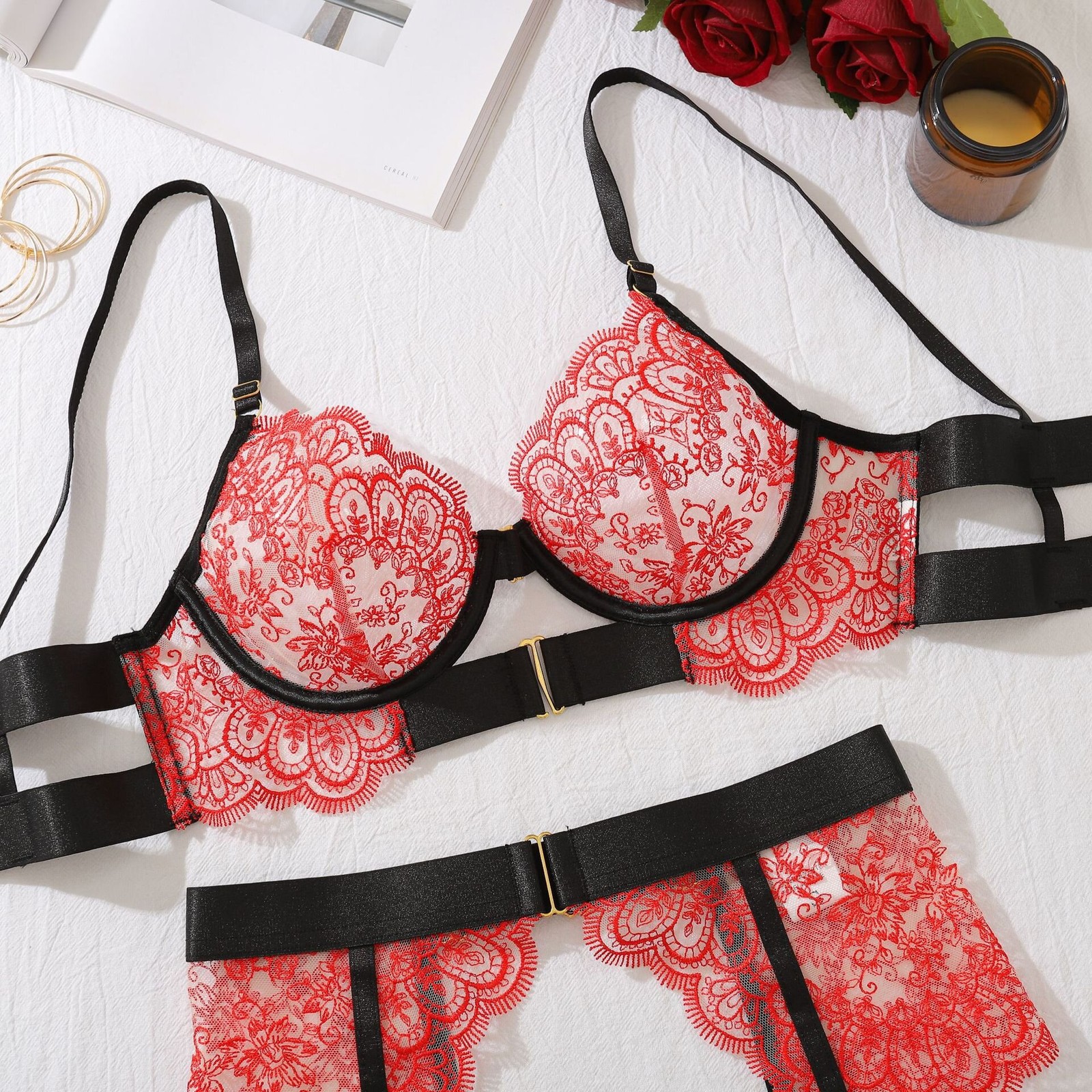 Embroidered Eyelash Lace Bra Waist Garter Thongs Thigh Belt 4-Piece Lingerie Set
