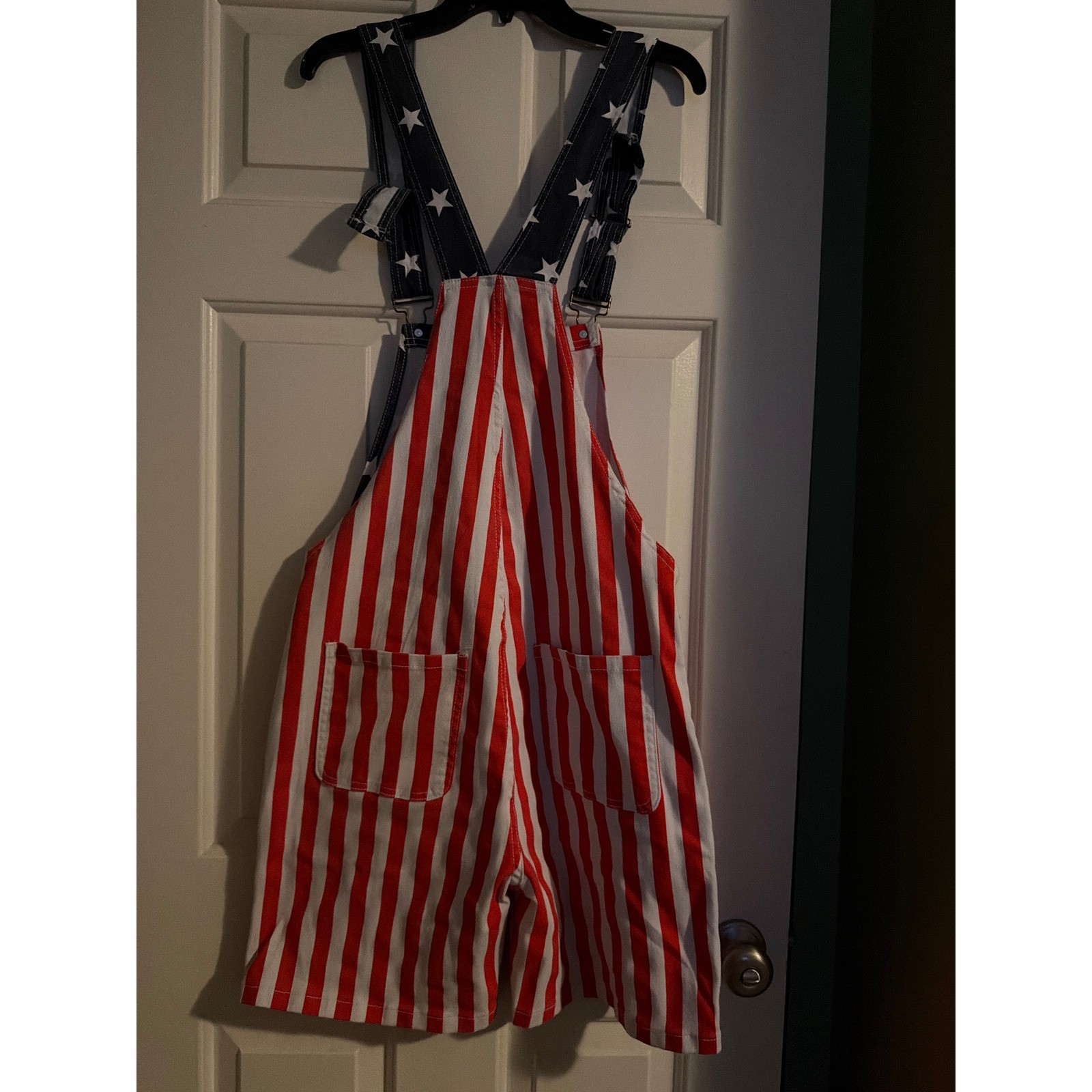 USA American Flag Patriotic Stars and Stripes Shortall Overalls Red White Blue M