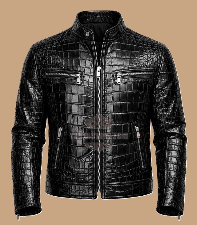 Men’s Leather Jacket Black Crocodile Pattern Real Luxury Leather Jacket Coat