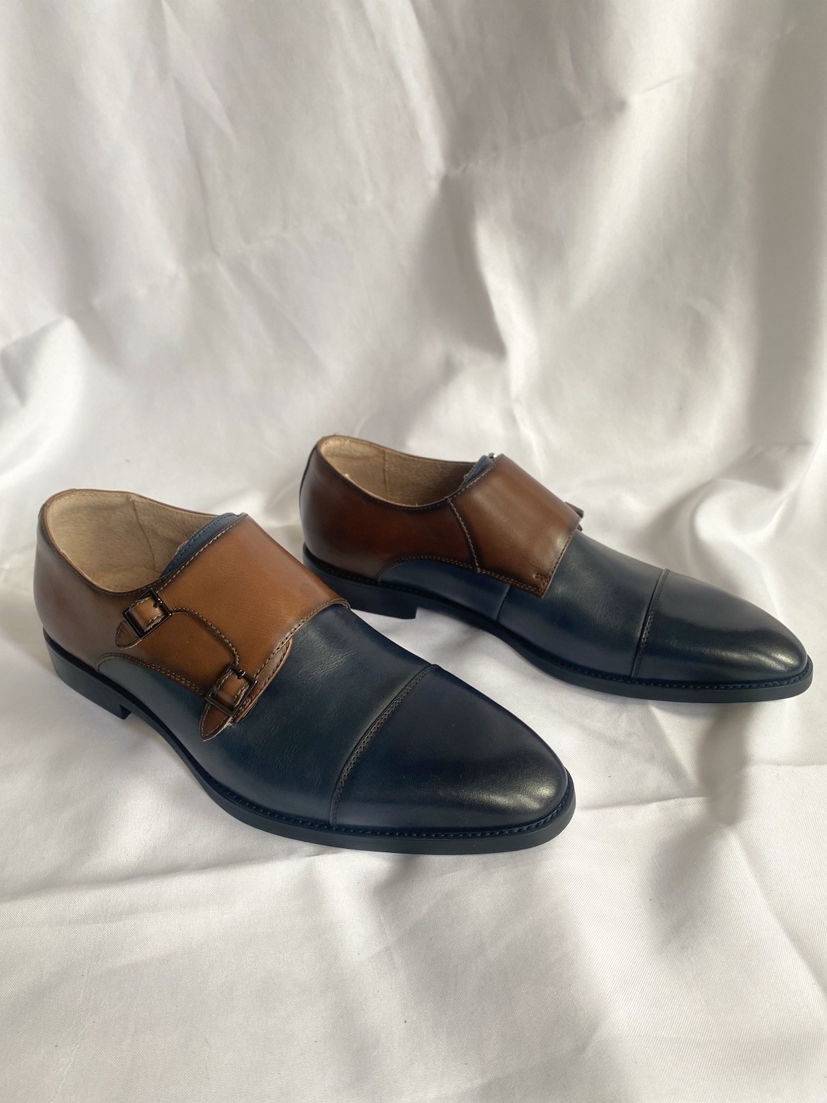 Stacy Adams Raythorne Cap Toe Double Monk Strap Navy Brown Leather Oxford Men 11