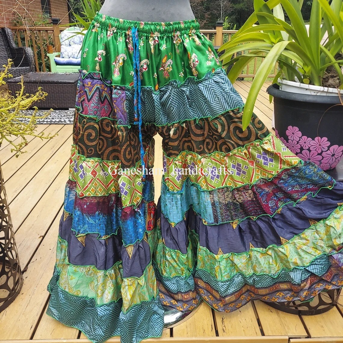 1 Pcs OF Indian Vintage Sari Printed Boho Gypsy Wide-Leg Palazzo Pants Trousers