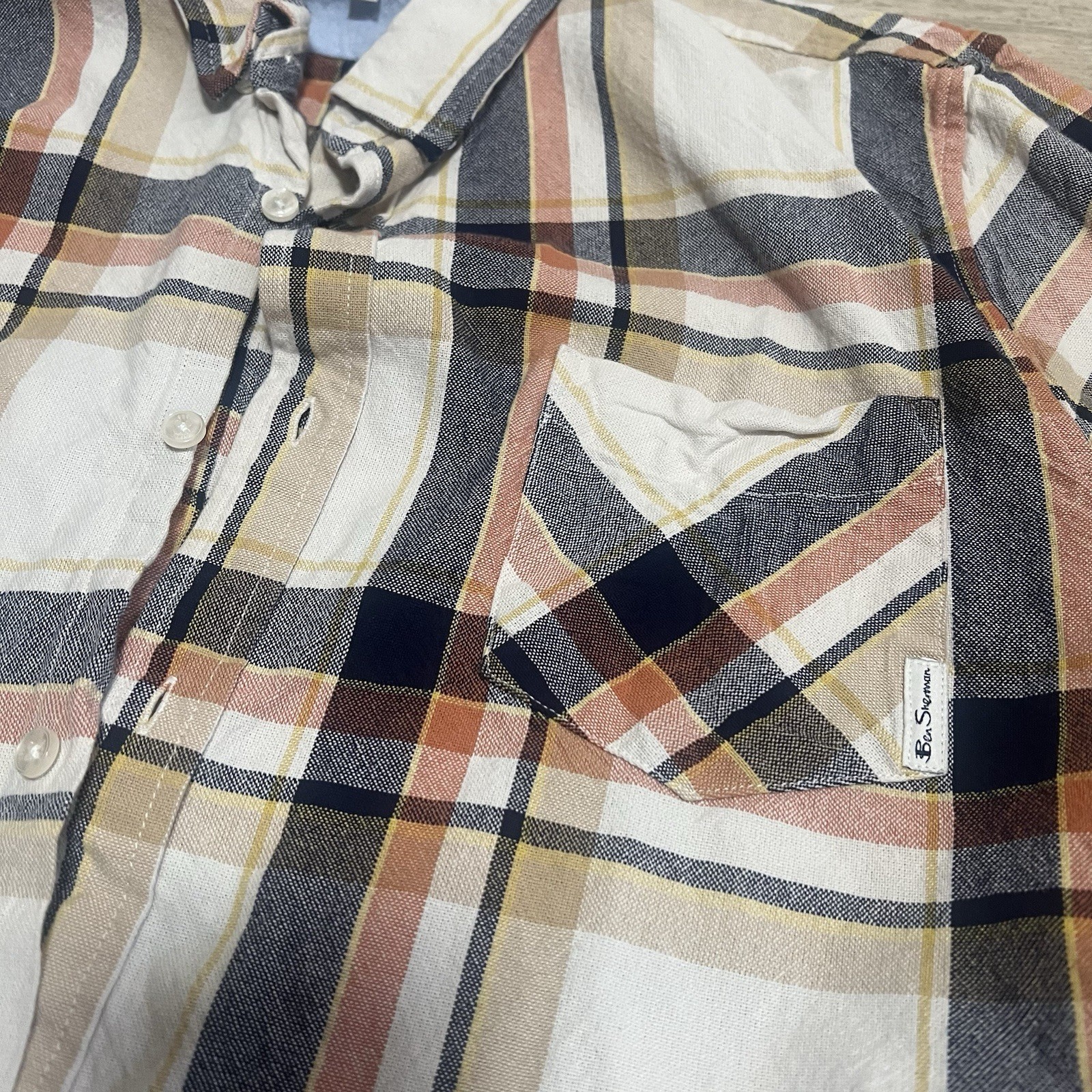 Ben Sherman Men’s Sz XL Button Up Shirt White Blue Orange Beige Rancid GBH Oi!