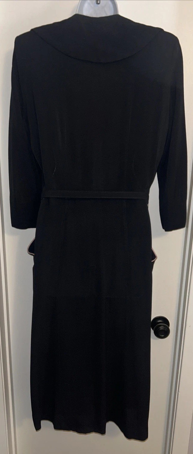 Vintage 50s 60s Belted Dress Black w/ Pink Piping Rhinestones Retro Rockabilly