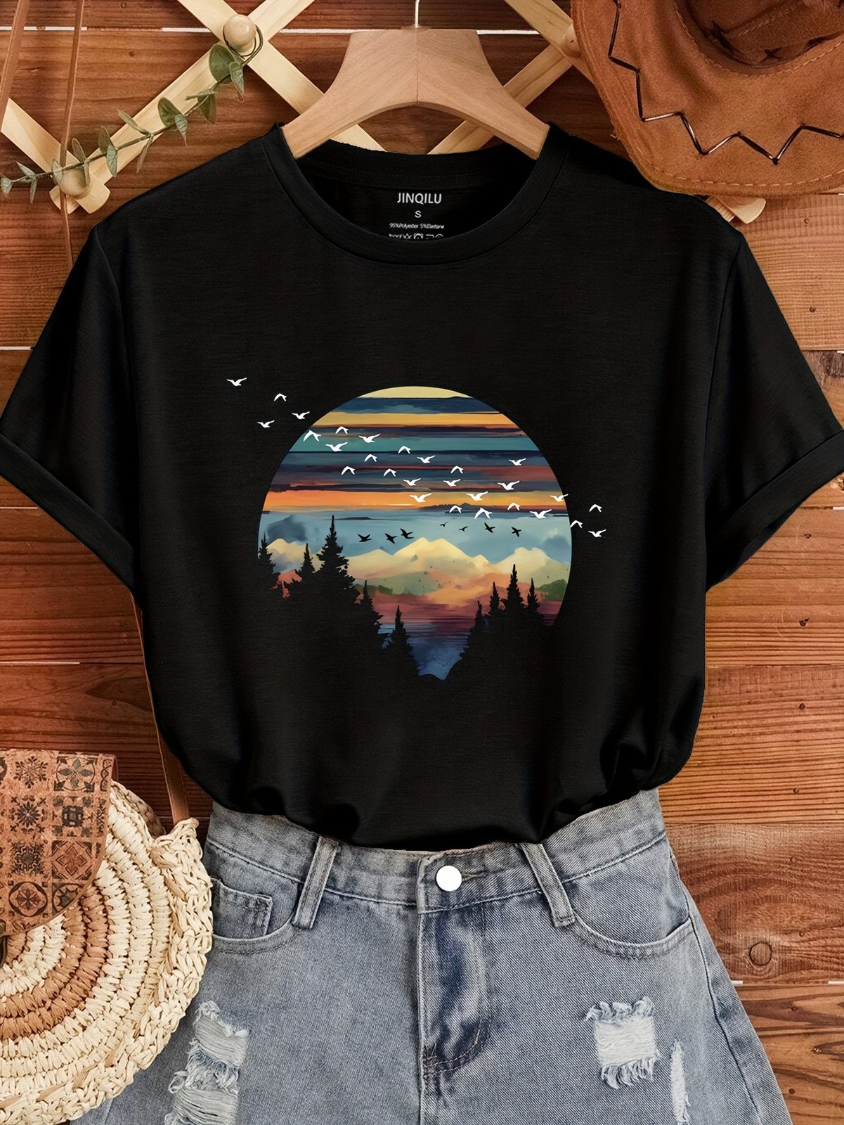 Mountain Sunset Horizon T-Shirt | Pine Forest & Flying Birds Graphic Tee