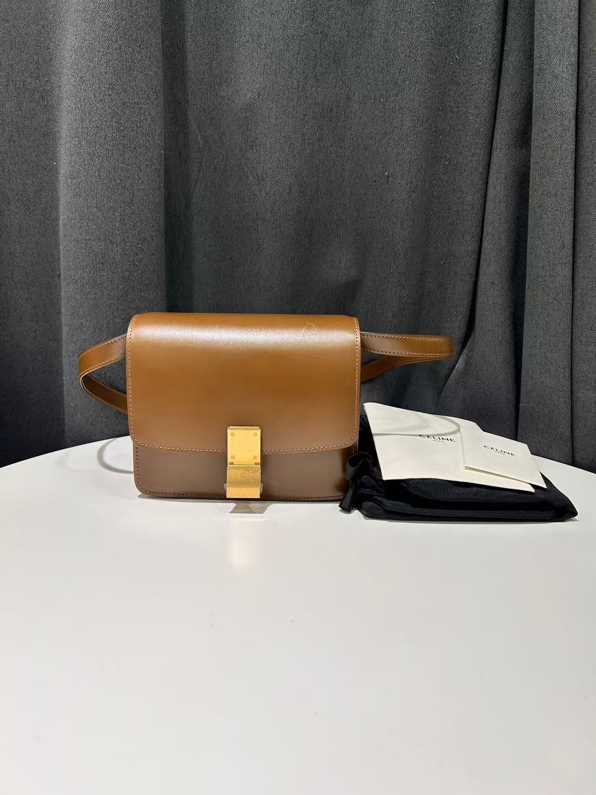 Celine Shoulder Bag Box Caramel Brown Leather France