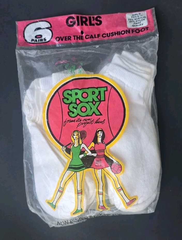 Vintage NOS Girls Sport Sox Over Calf Cushion Foot White Athletic Socks Sealed