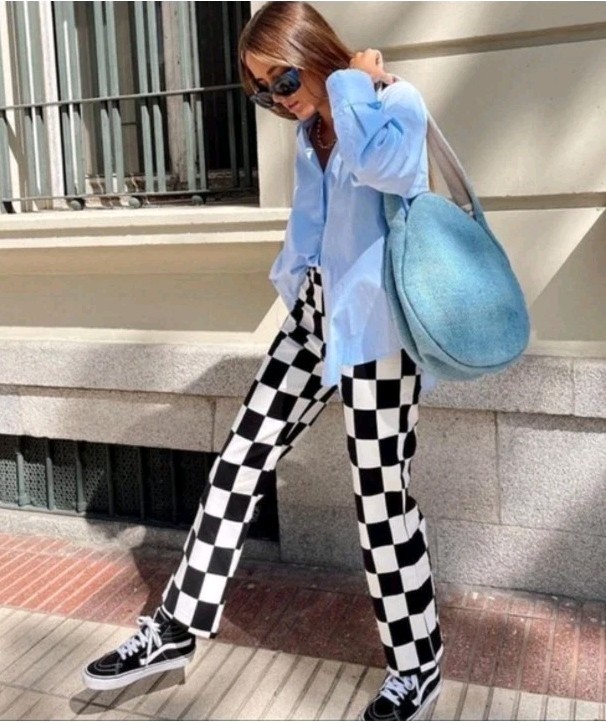 NEW Zara Checkered Pants Black White Large Block Ankle Cropped Straight Leg 5