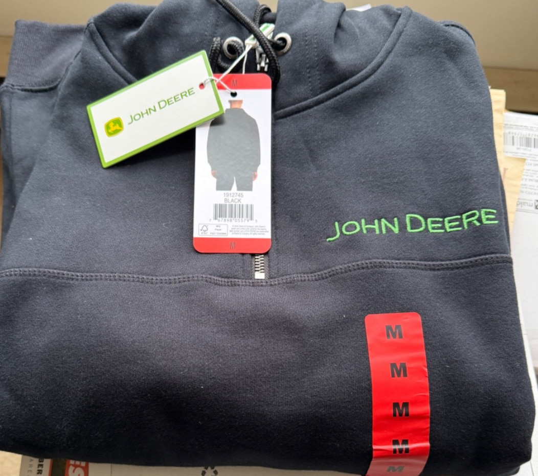 NWT John Deere Men’s Quarter Zip Hoodie Heavyweight Cotton Pullover BLACK SIZE M
