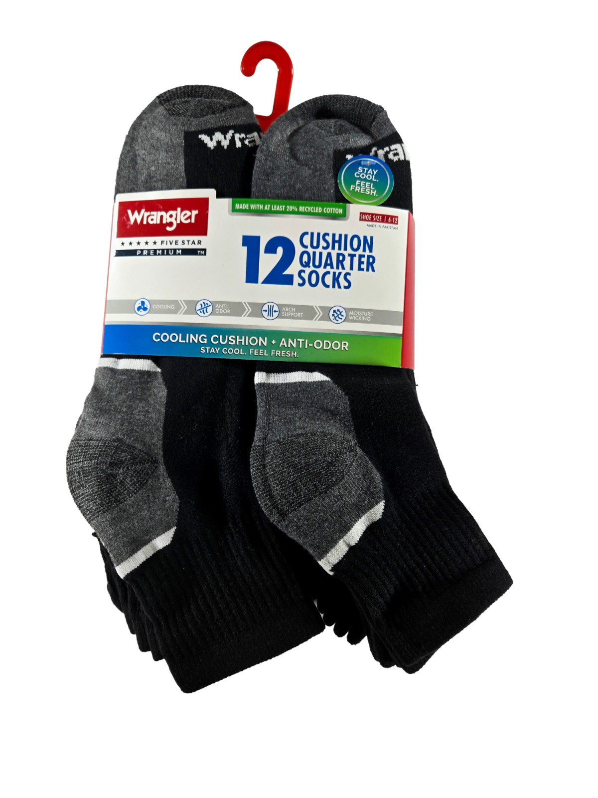 Wrangler Five Star Mens Quarter Socks 12 Pack Black Grey Cushion Size 6-12 NWT
