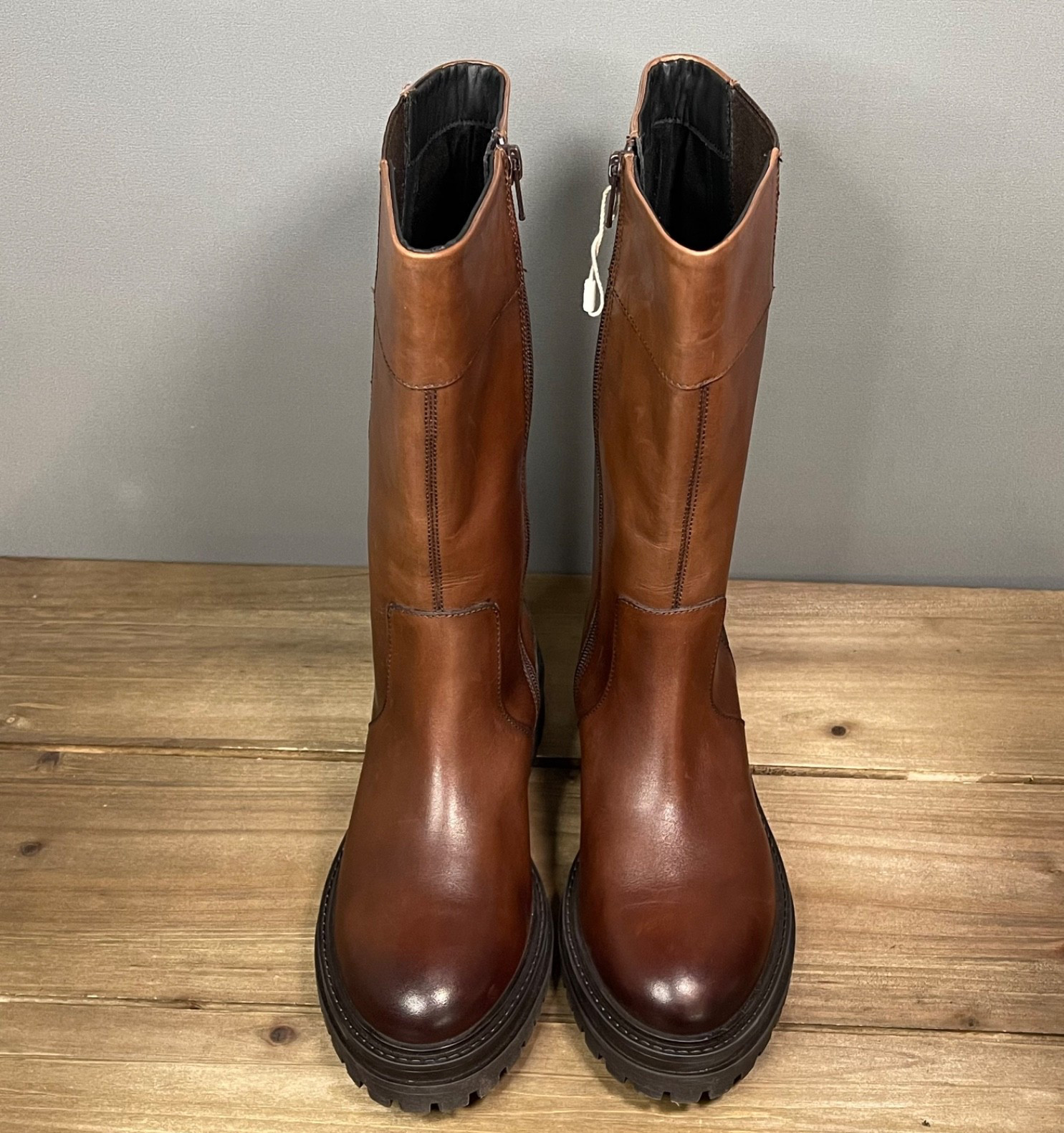 Geox Respira Women’s Boots Size 37 Brown Leather Mid Calf Chunky Lug Sole Zip Up