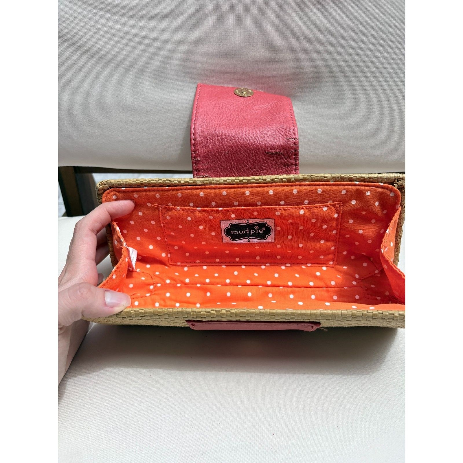 Mud Pie Woven Straw Clutch Wallet Pink Faux Leather Sand Dollar Accent