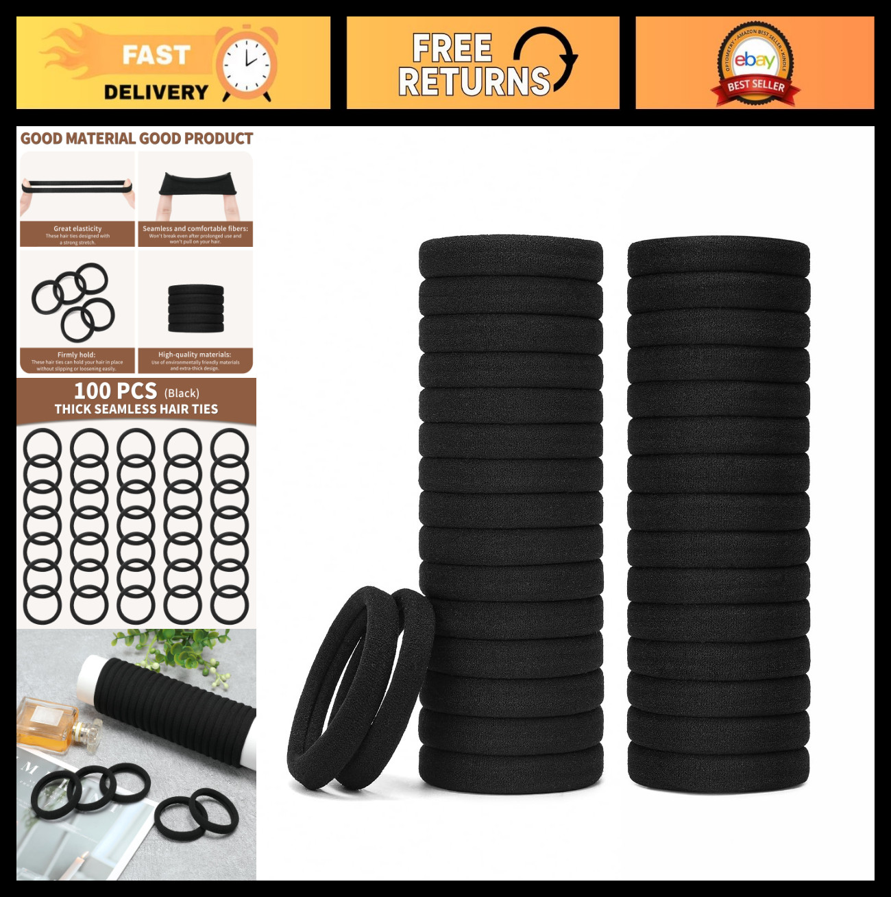 Extra Thick Black Hair Ties 100 Count – Bulk Elastic Bands for Thick Hair, Ponyt