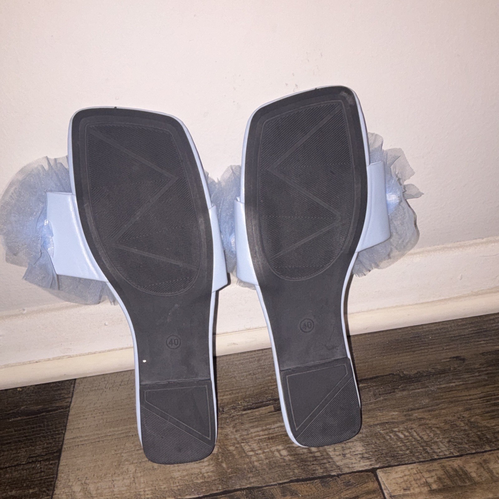 Women’s Light Blue Ruffle Slip-On Slide Sandals Flat Synthetic Upper EU 40