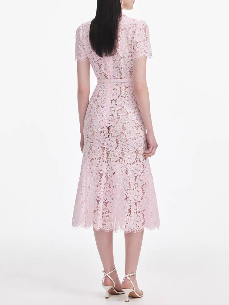 Self-Portrait Bow tie pink Lace Dress Round collar Fishtail evening Dresses