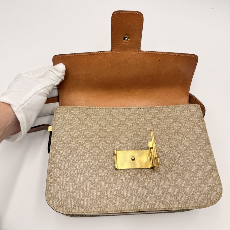 CELINE Vintage Macadam Shoulder Bag in Beige PVC and Leather with Gold-Tone …