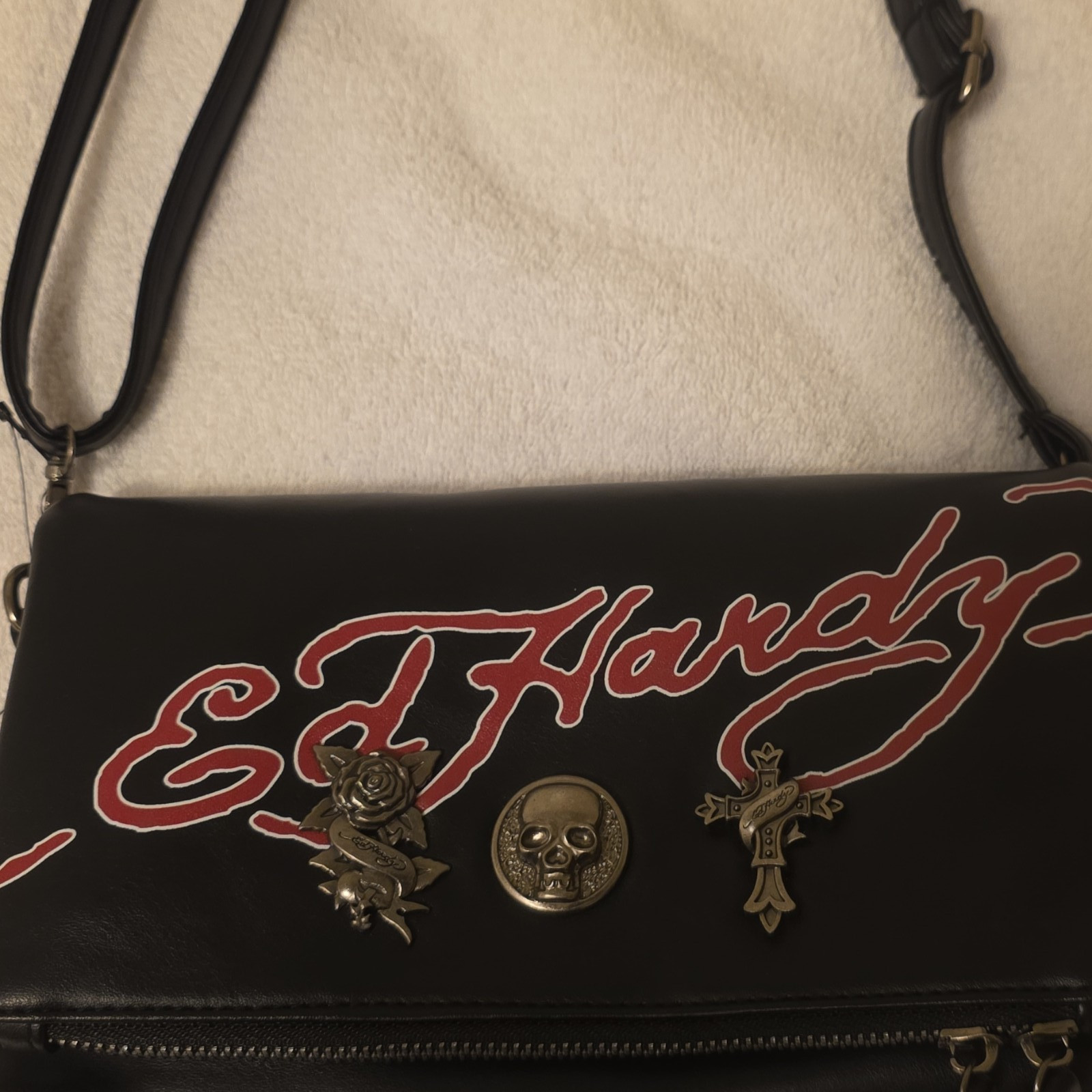 Ed Hardy Black/Red Logo Skull Crossbody Bag Zip, Detachable Strap Pockets