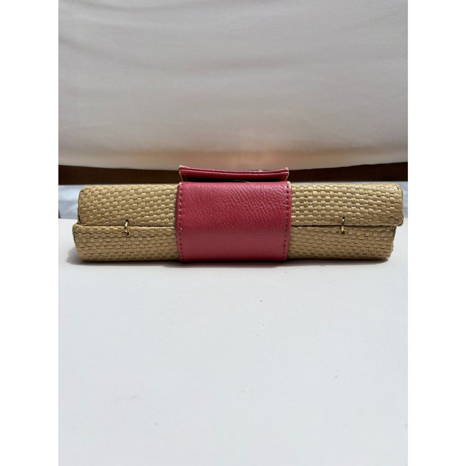 Mud Pie Woven Straw Clutch Wallet Pink Faux Leather Sand Dollar Accent