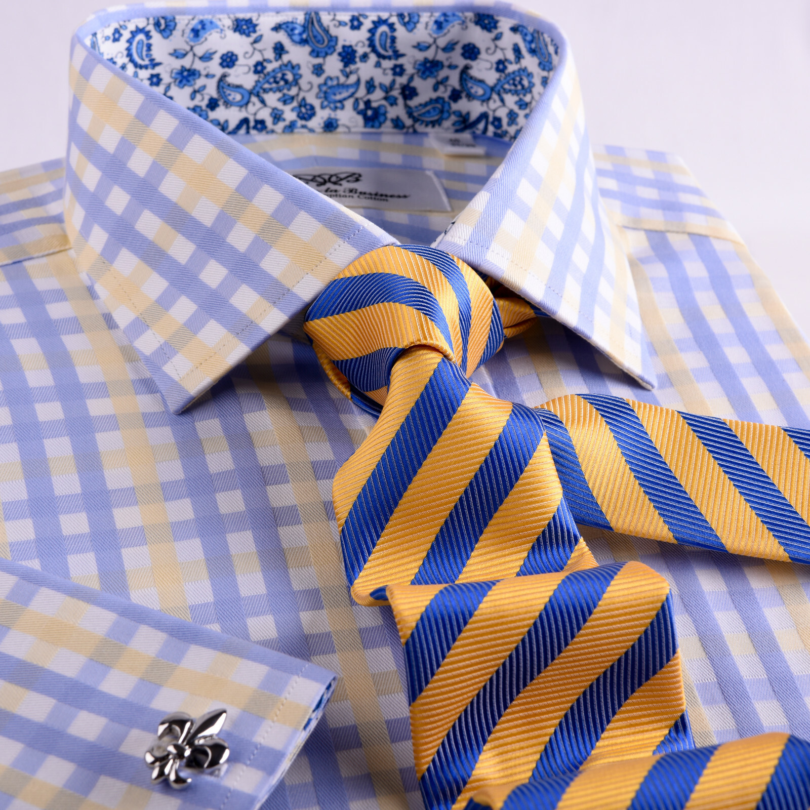 Mens Blue & Yellow Check Formal Business Dress Shirt Italian Floral Paisley Boss