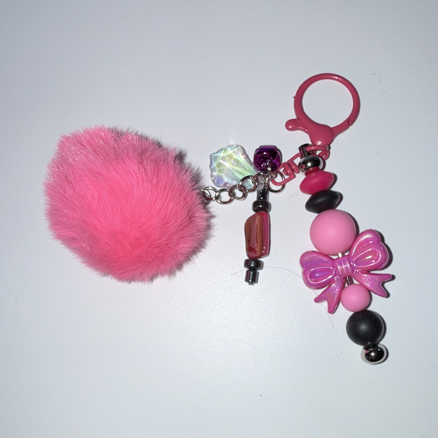 Pink Beaded Bow & Pom Pom Key Chain/Bag Charm w/Detachable Clip Keyring