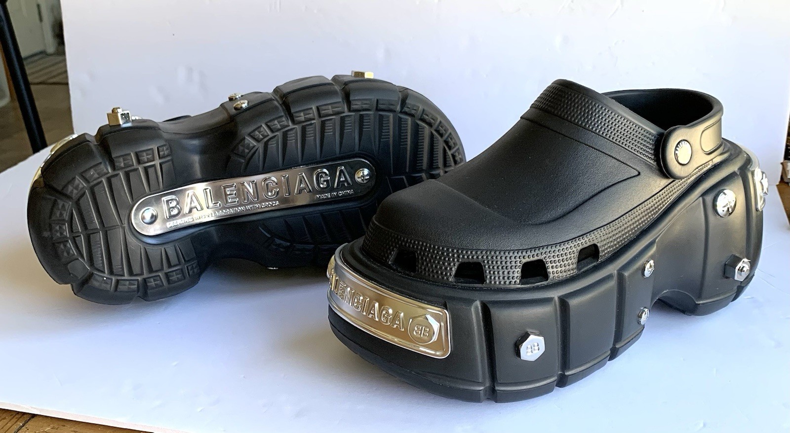 Balenciaga Crocs Black Hardcrocs Giant Platform Slides Silver Hardware W8 M6 NEW