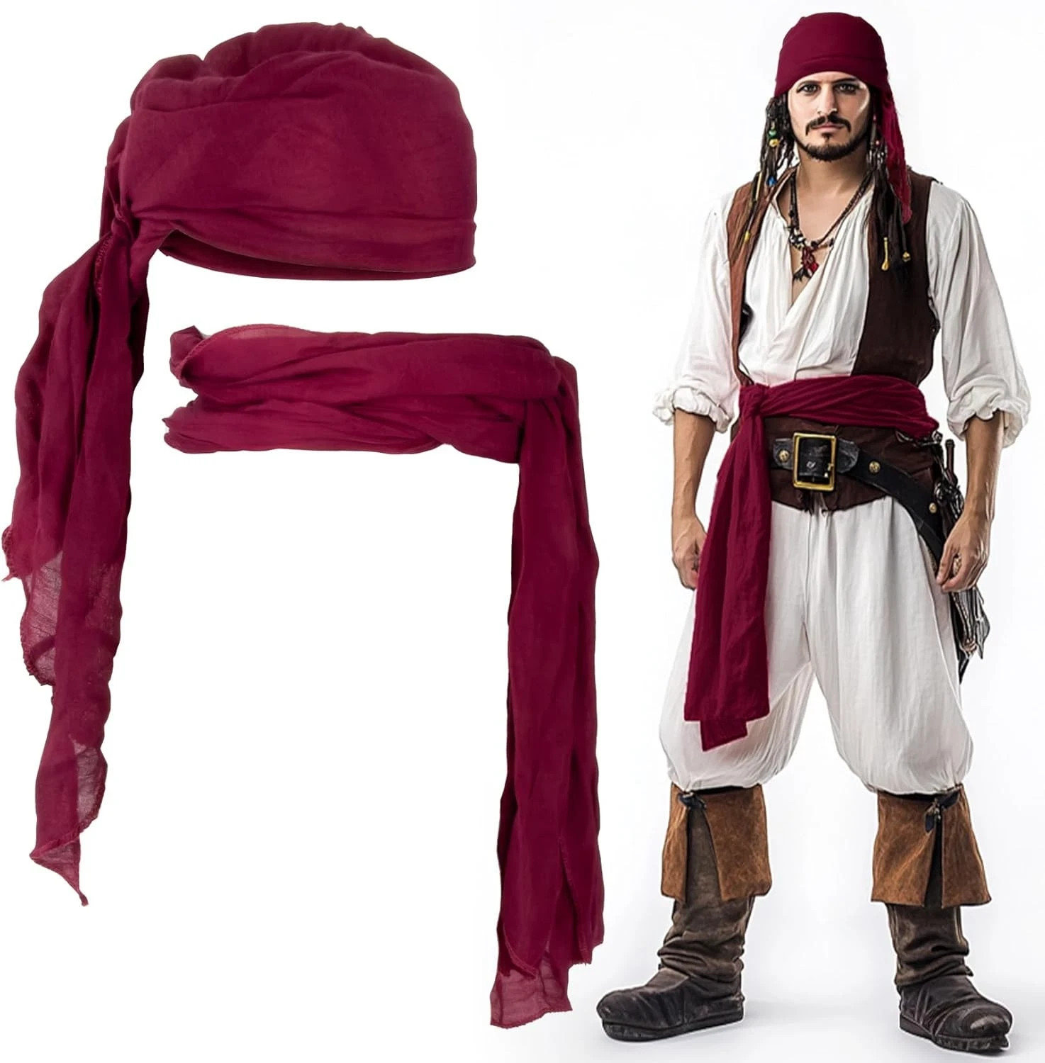 Pirate Costume Set for Adults Men Women Sash Bandana Head Scarf Belt Halloween
