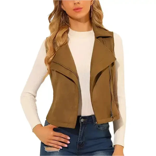 Women’s Tan Brown Suede Leather Biker Vest – Premium Soft Suede Motorcycle Style