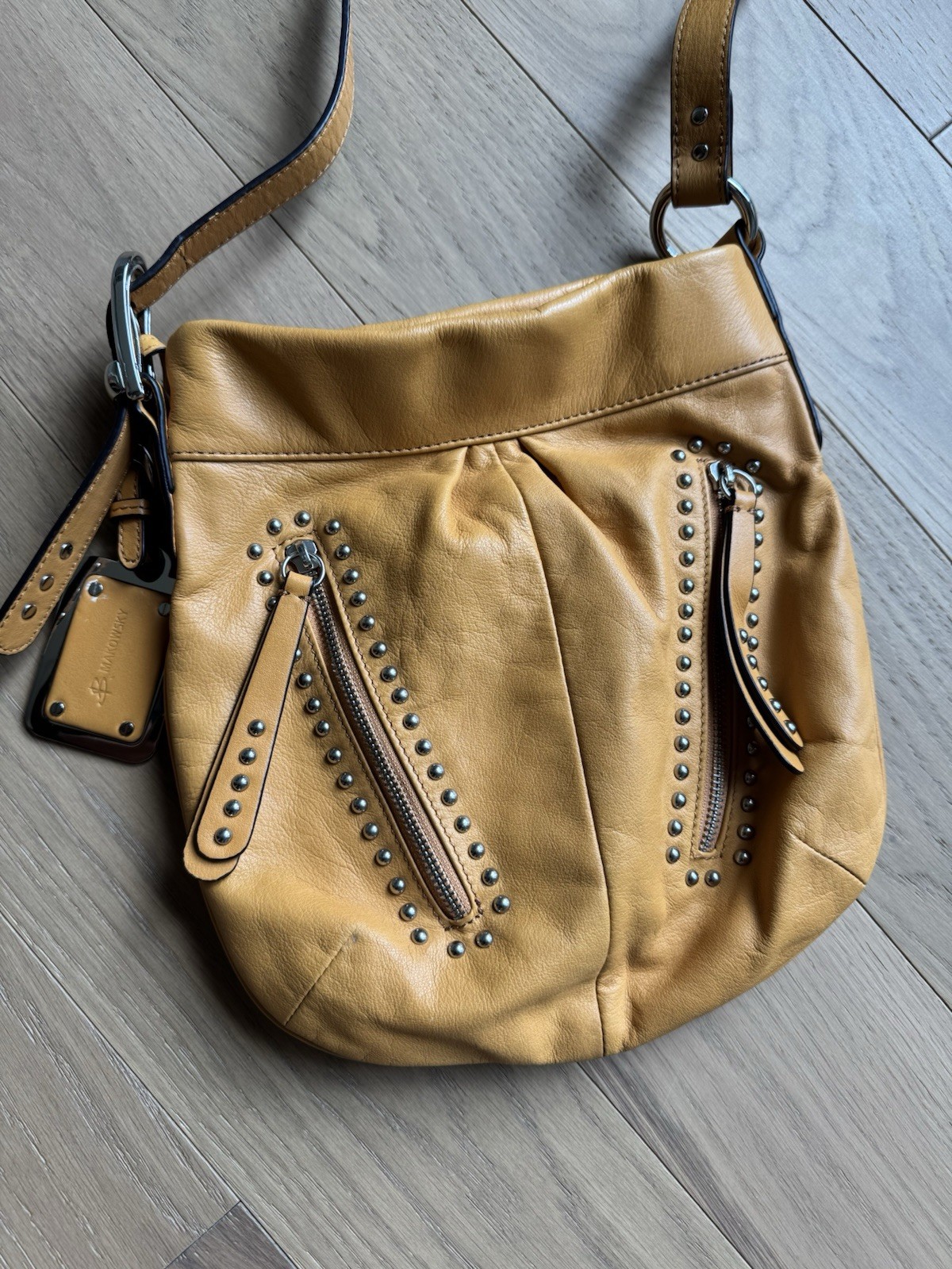 B Makowsky Leather Medium Gold Studded Crossbody Bag