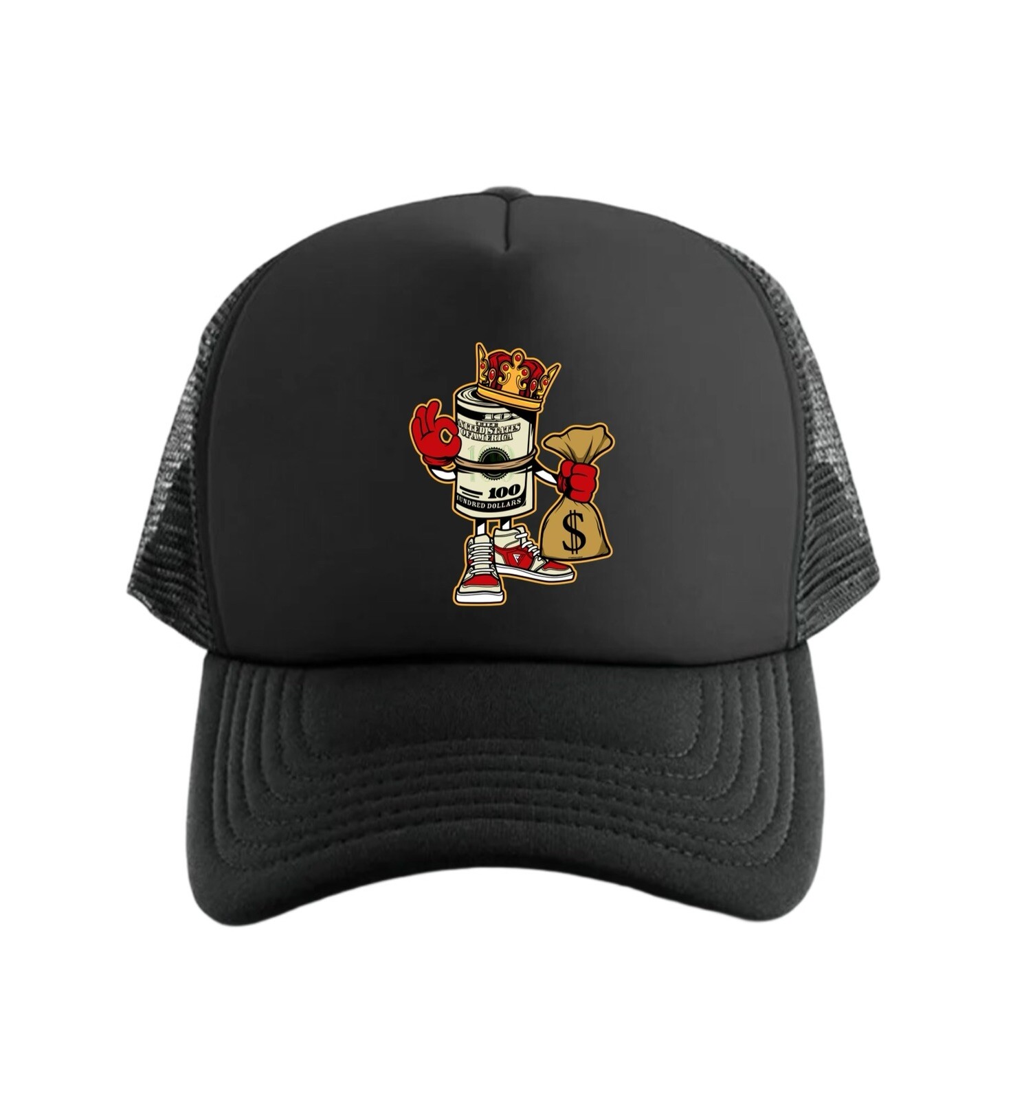 Money Roll King Holding Bag Stack Cash Hustler Trucker / Snapback Hat – Black