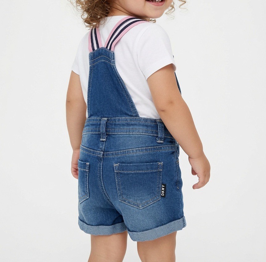 DKNY Baby Denim Shortalls Overalls Size 24M Blue Jean Pink Stripe Adjustable Leg