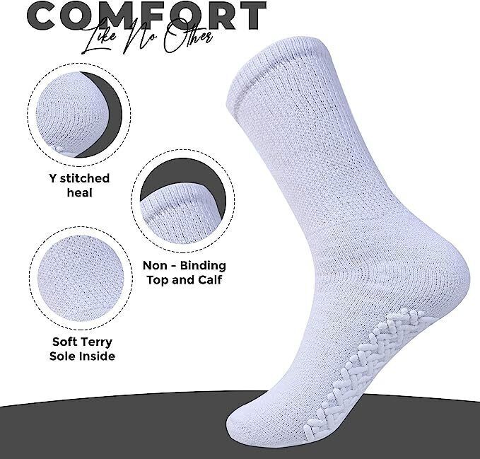 3 Pairs Non Slip Diabetic Crew Socks Circulatory Health Cotton Loose Fit Top