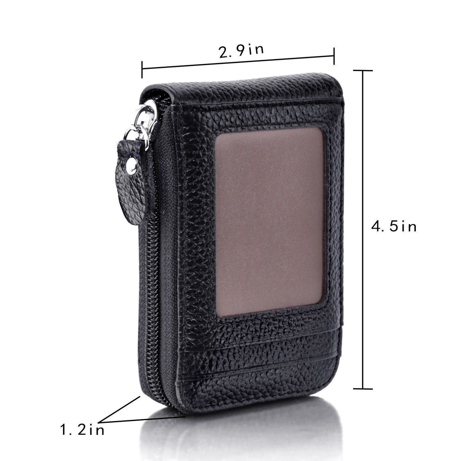 Leather Credit Card Holder RFID-Blocking Zipper Pocket Wallet with ID Window