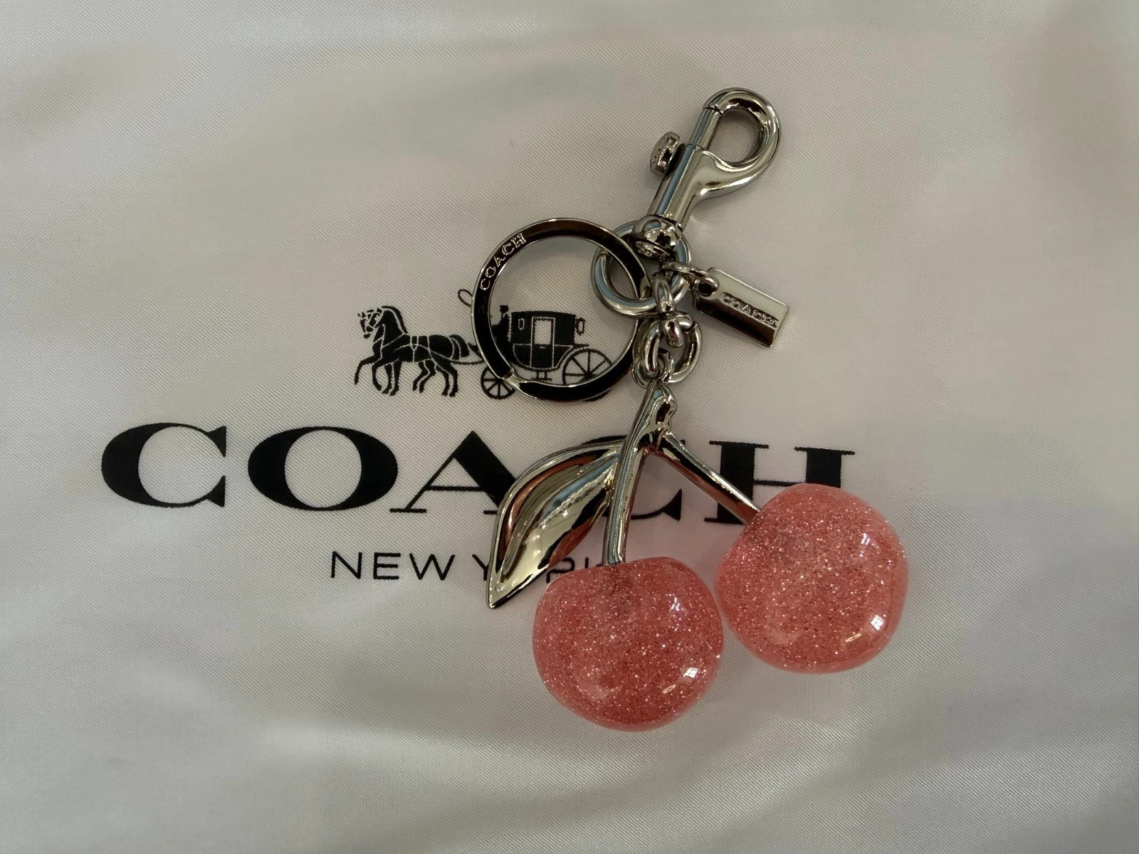Coach Pink Cherry Apple Bag Charm Keychain Resin Metal Brass Purse Decoration