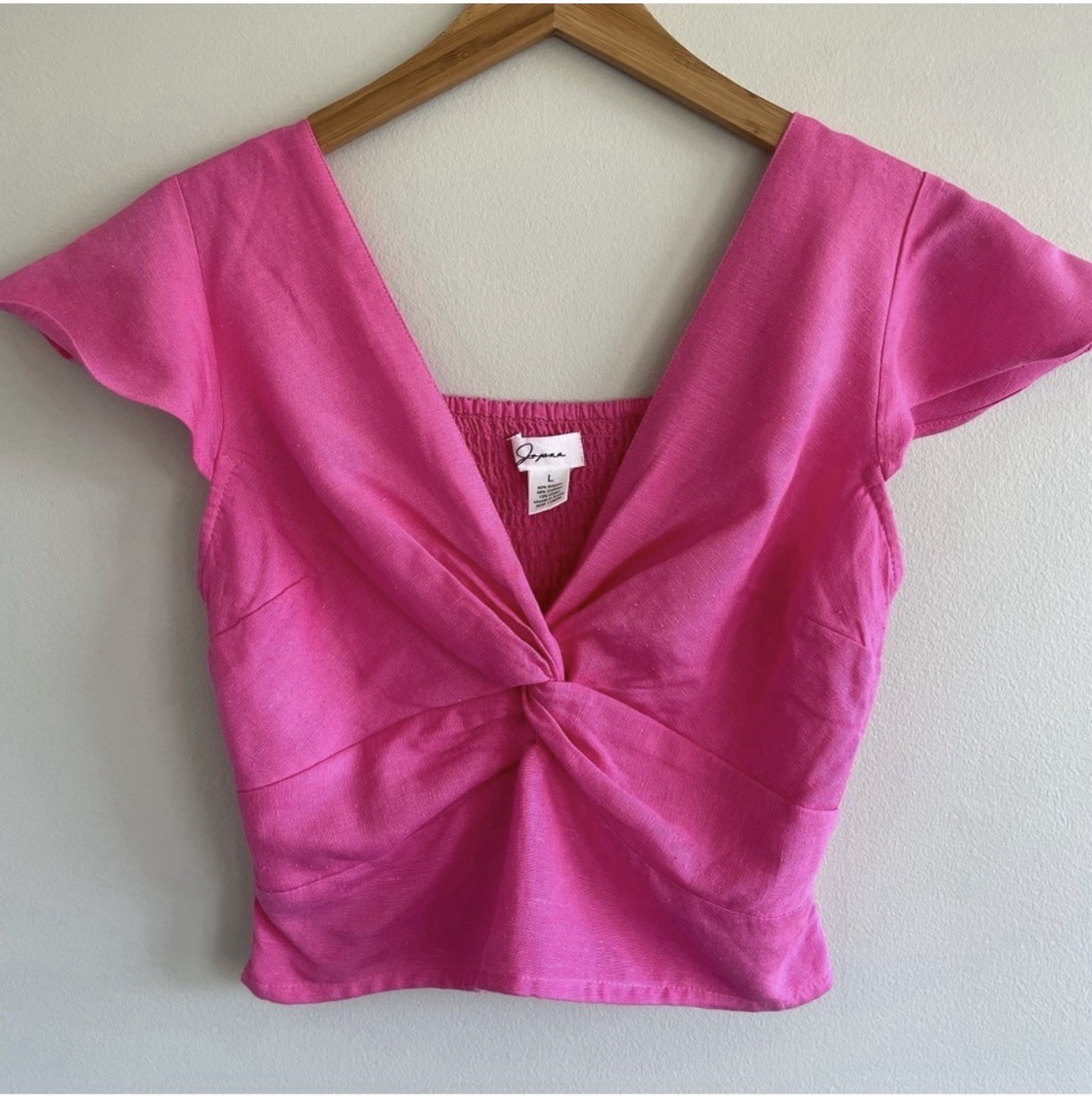 Japna Pink Twist Front Crop Top Size XS Boho Flutter Sleeve Smocked Back