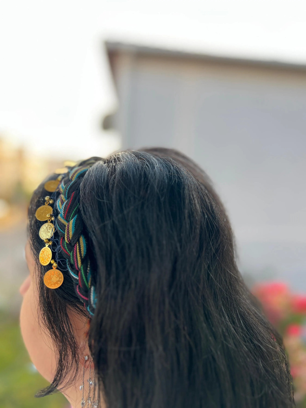 Bohemian Braided Hair Band with Gold Coin Charms Handmade Unique Boho Vintage