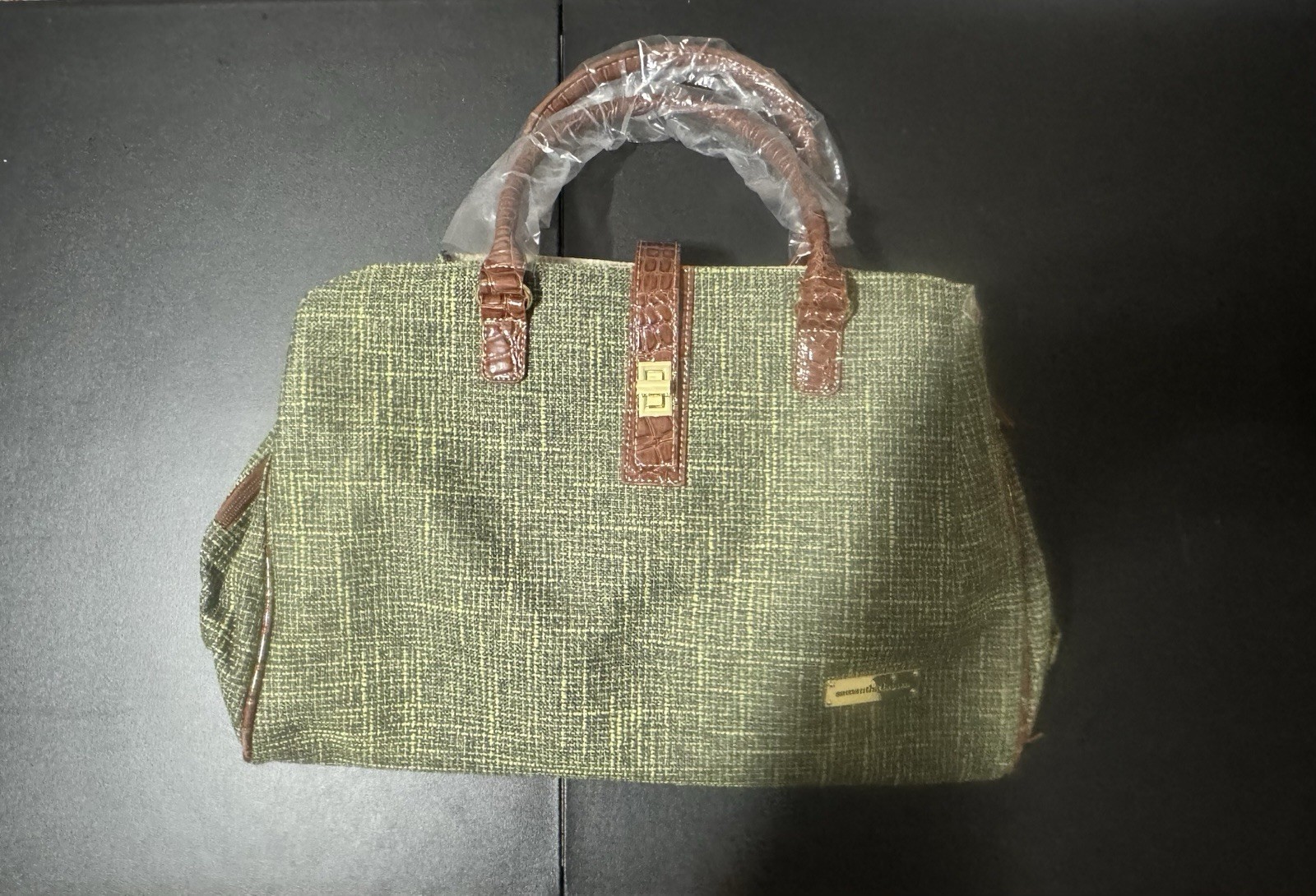 Samantha Brown Green Tweed Satchel Top Handle, Zip, Detachable Strap